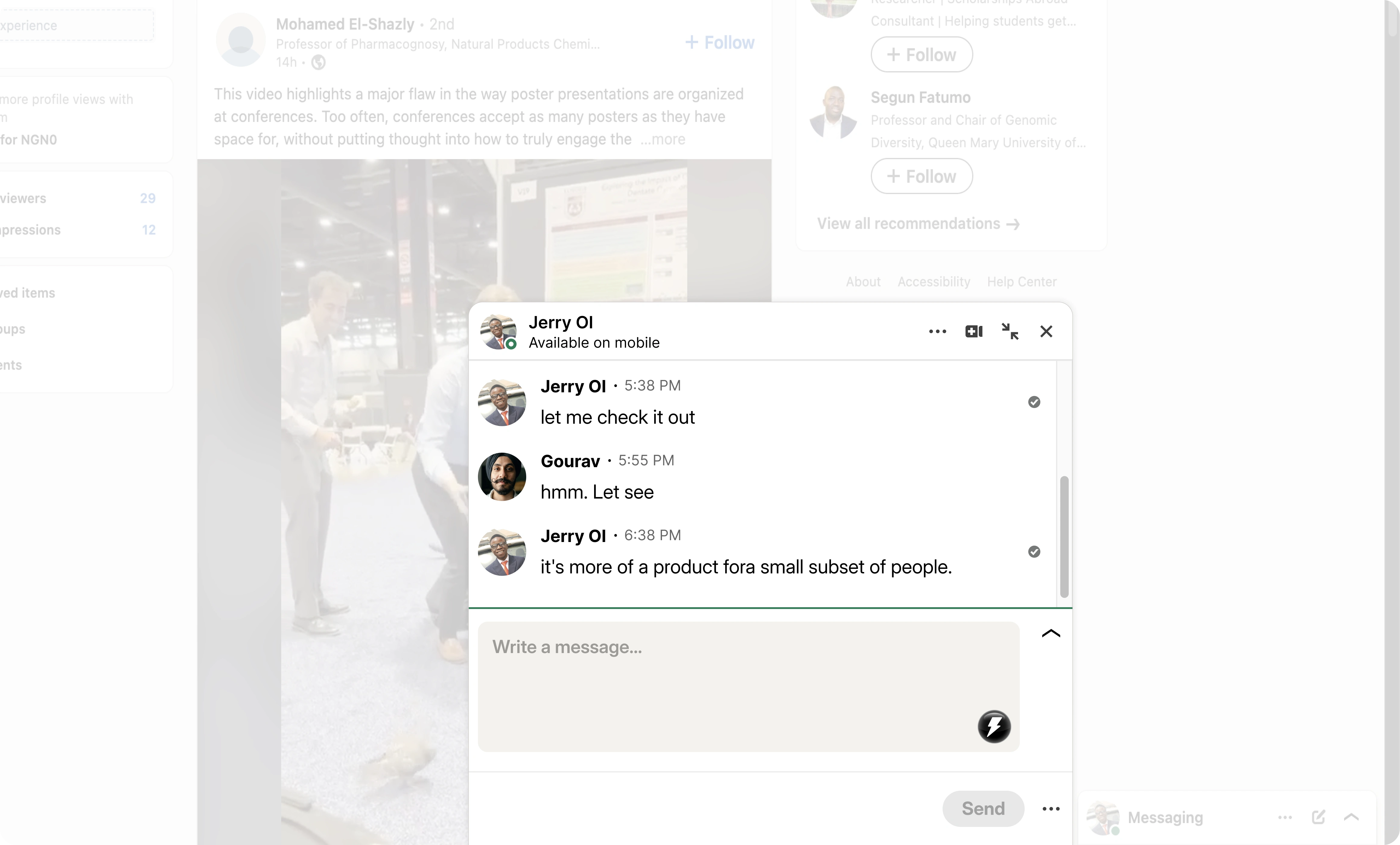 LinkedIn feed with the response widget open